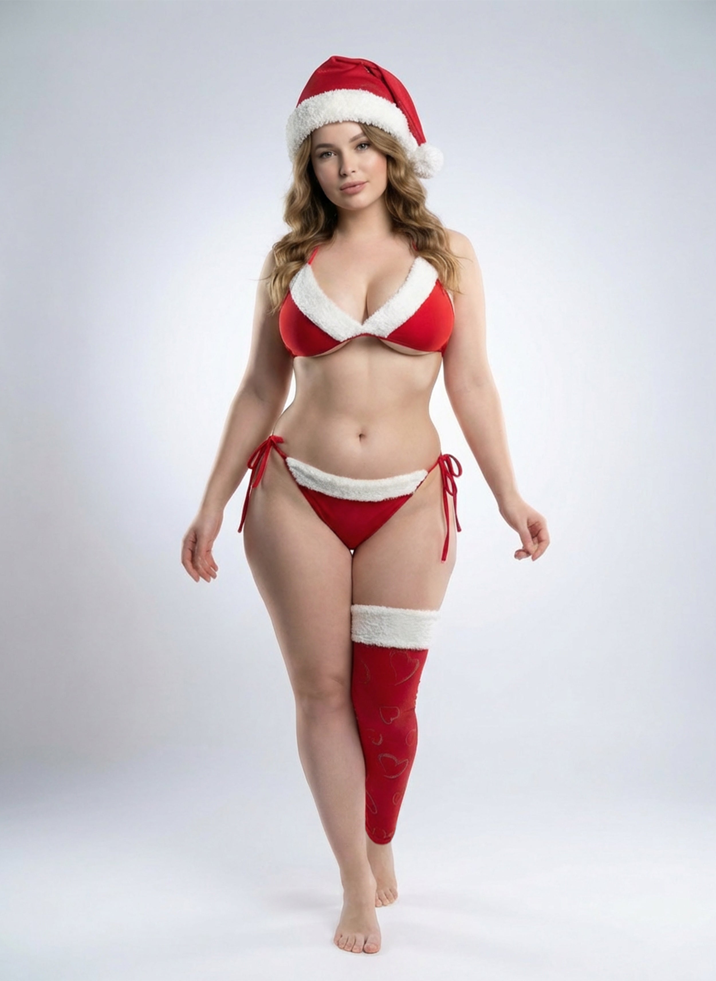 Person wearing a Santa Claus-themed bikini and hat on a white background