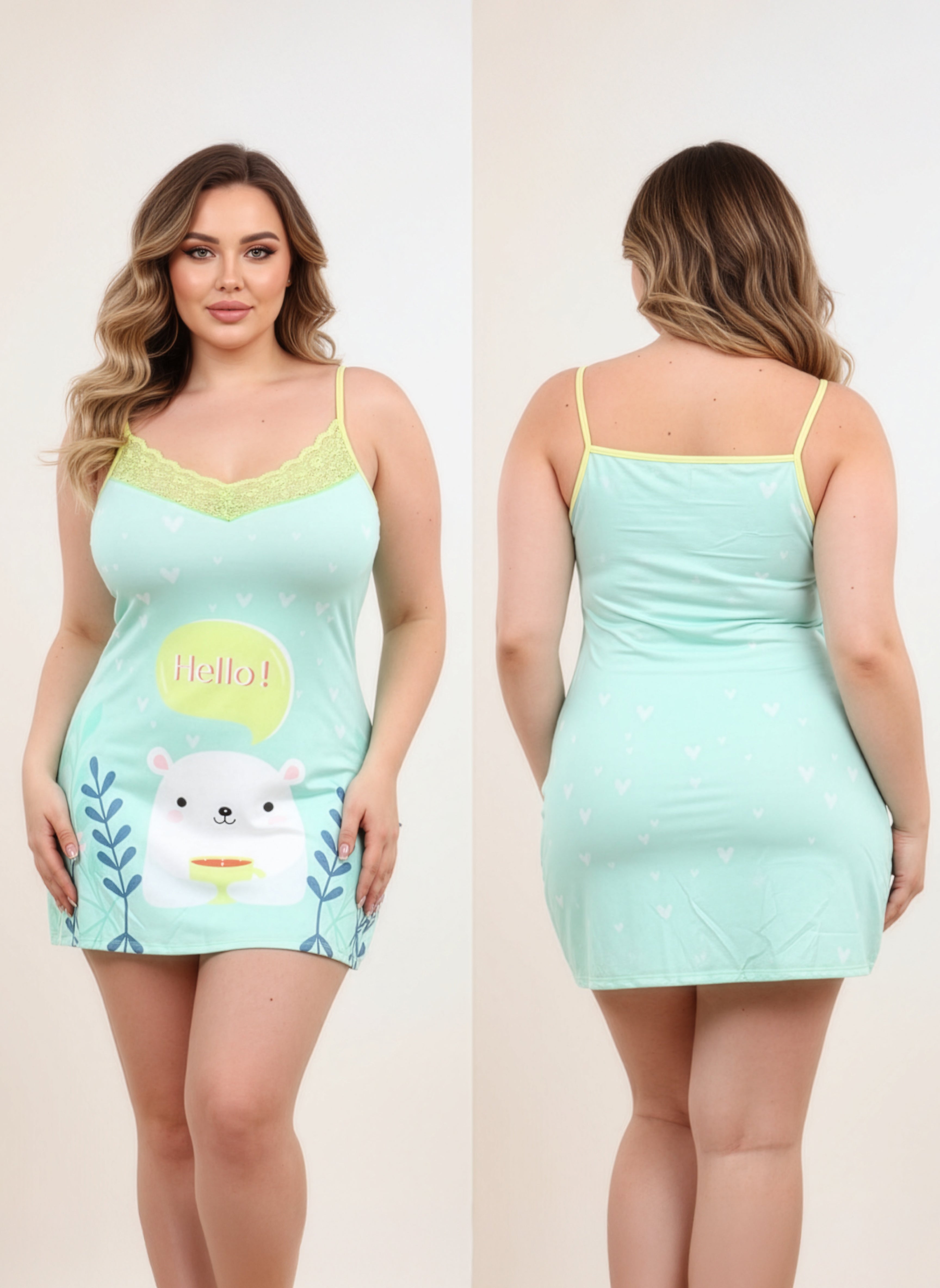 Mint green nightdress with cartoon design worn by a model on a plain background