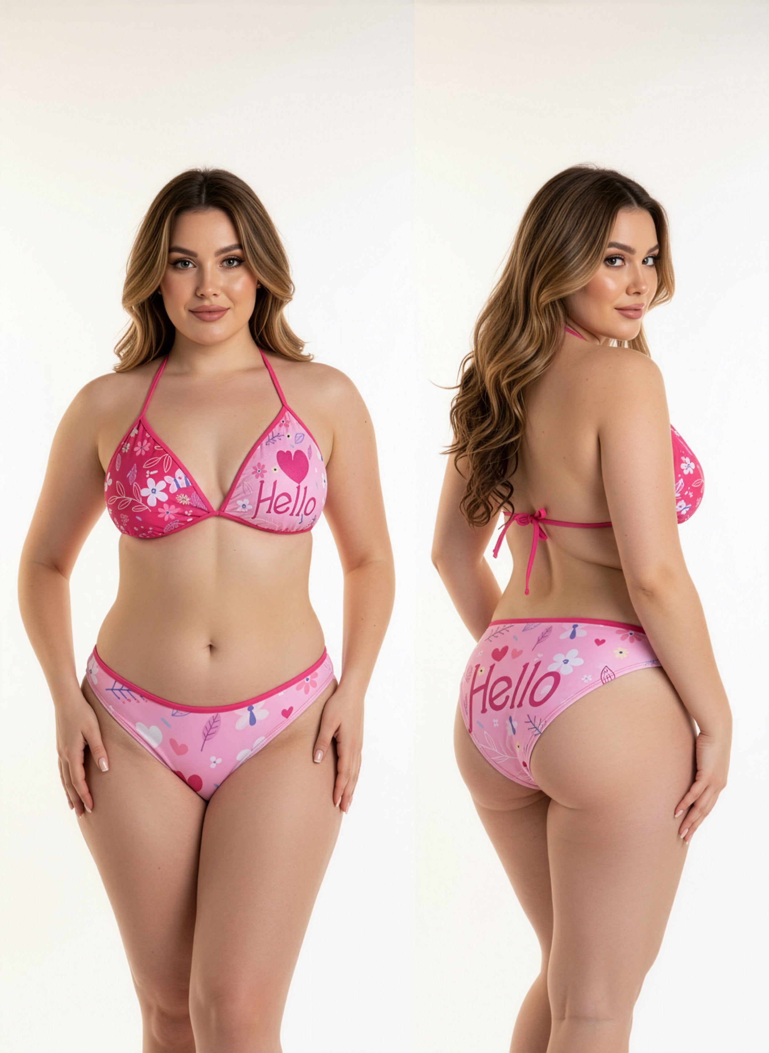 Woman wearing a pink 'Hello' bikini set on a white background