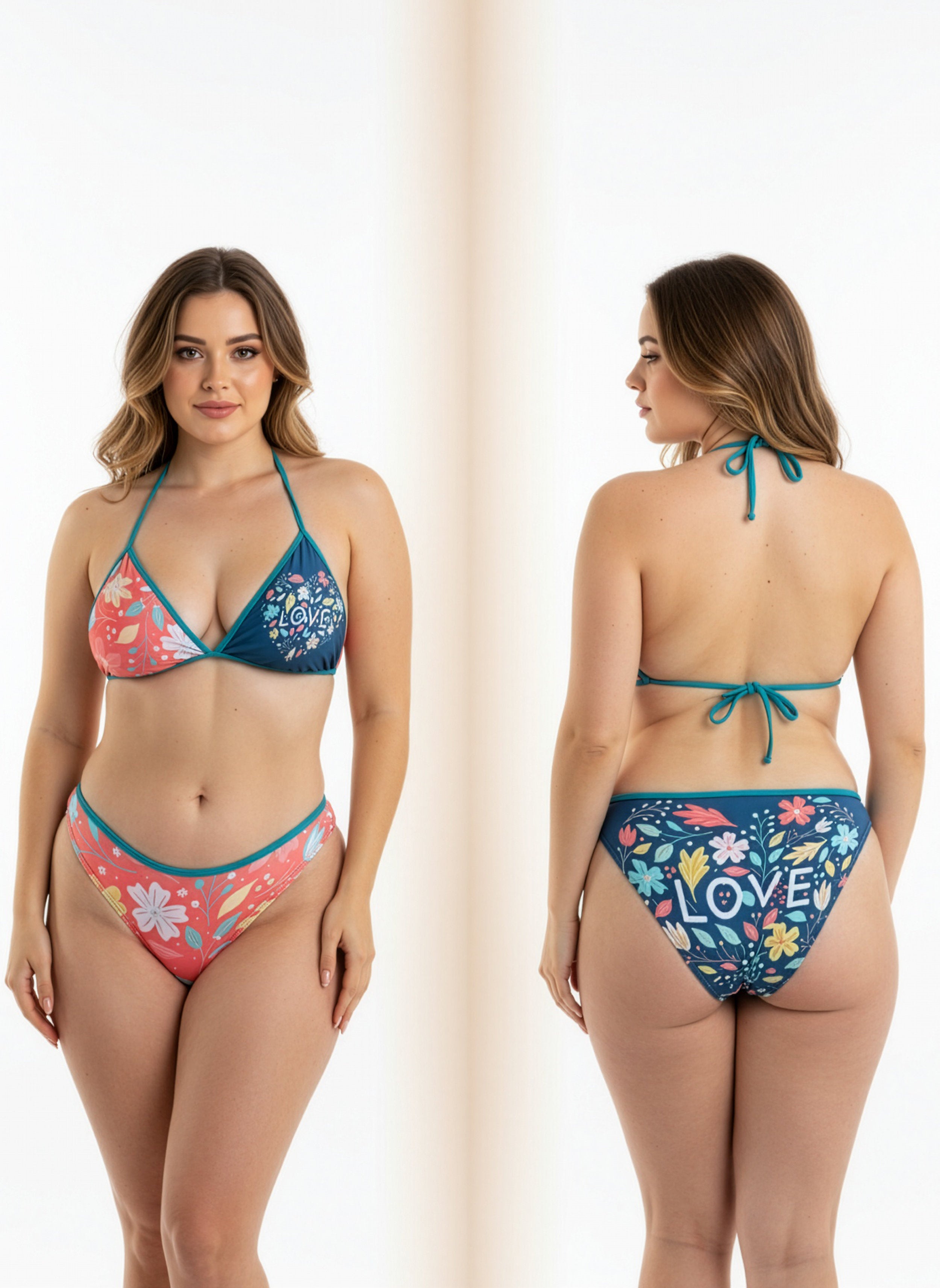 Woman wearing a colorful bikini with floral patterns and 'LOVE' text on a plain background