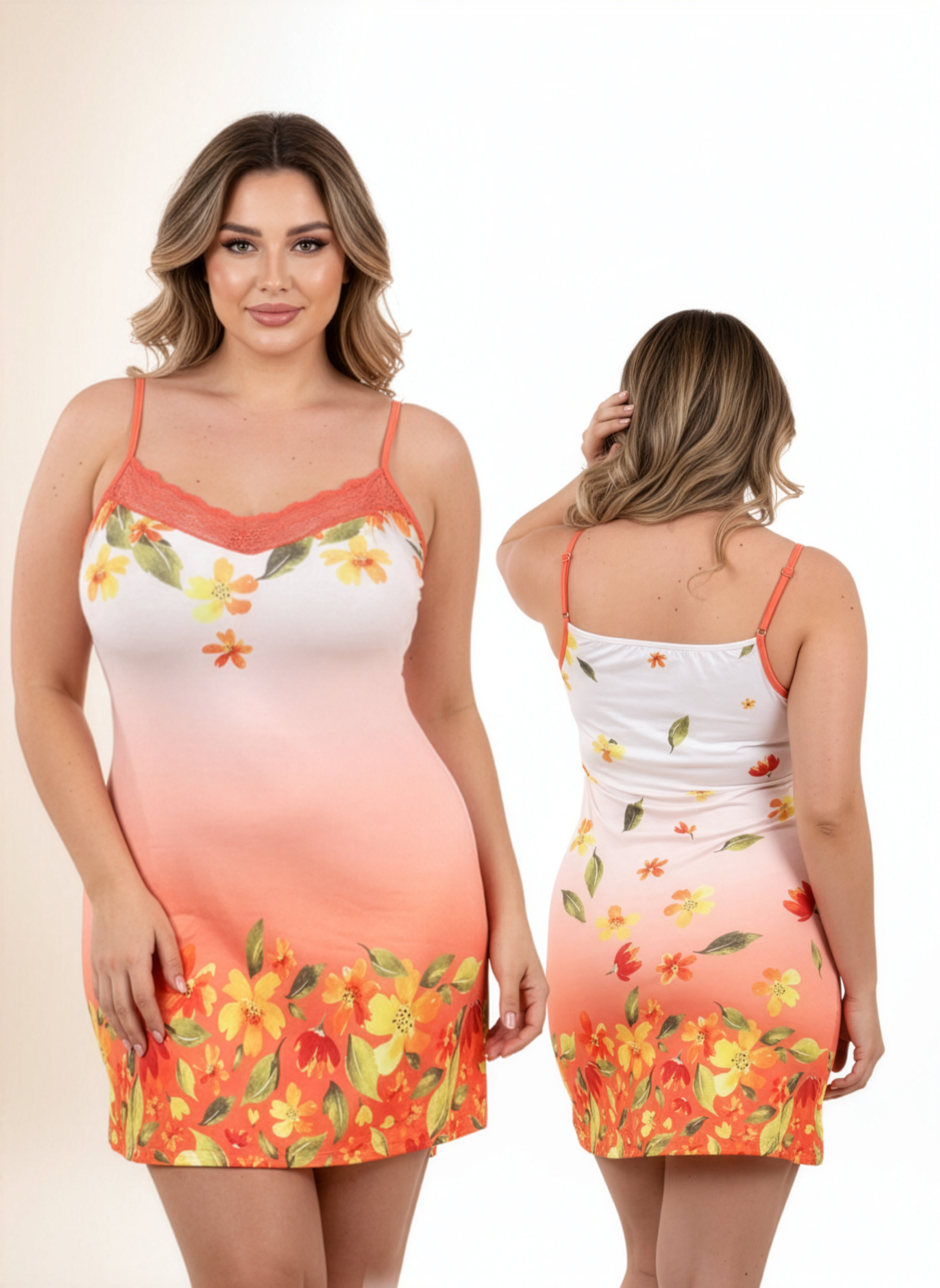 Woman wearing a floral dress with an ombre effect from white to orange, front and back views.