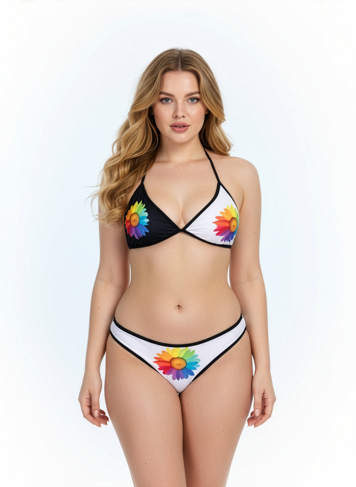 Woman wearing a colorful bikini with floral designs on a white background