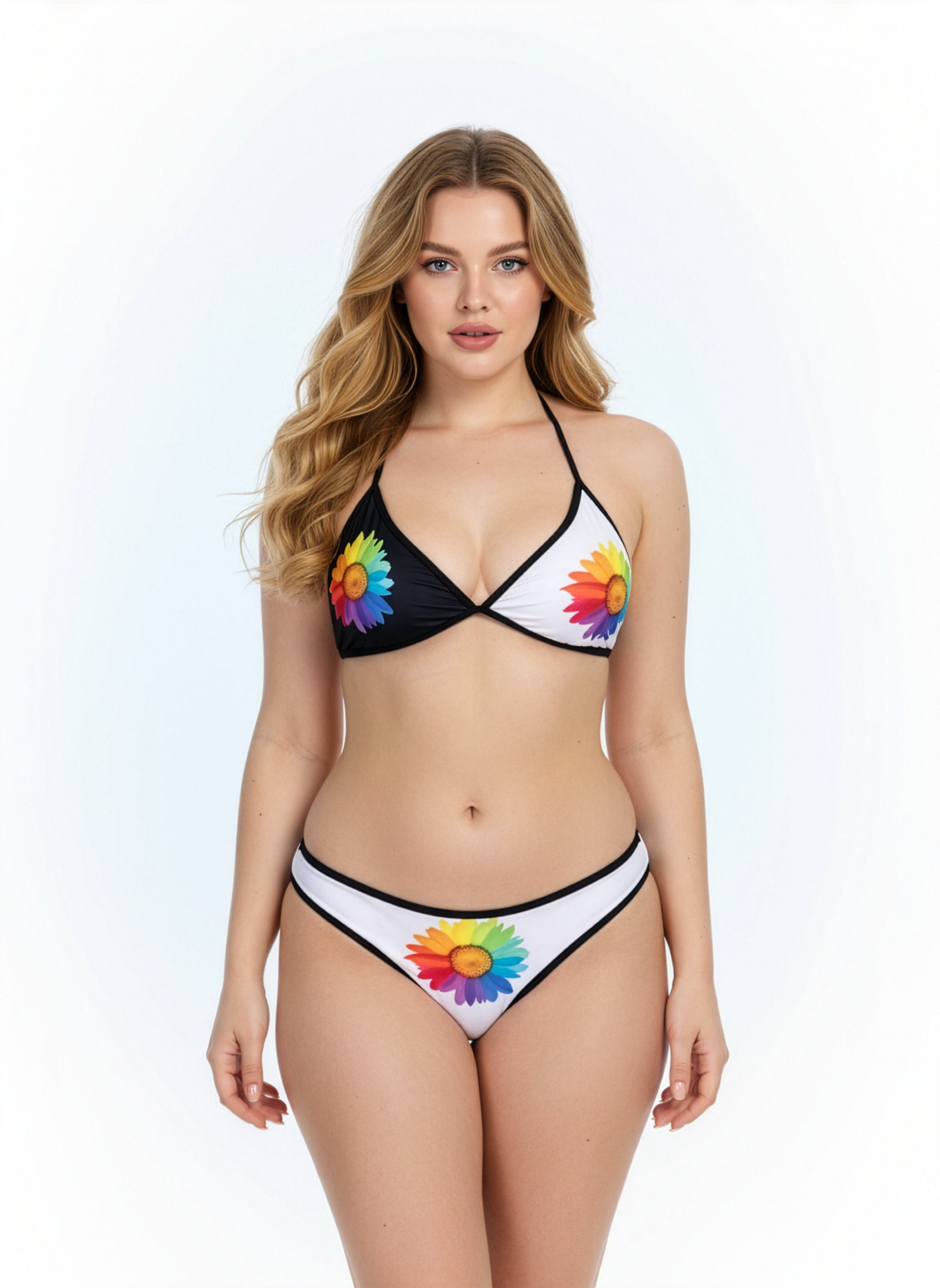 Woman wearing a colorful bikini with floral designs on a white background