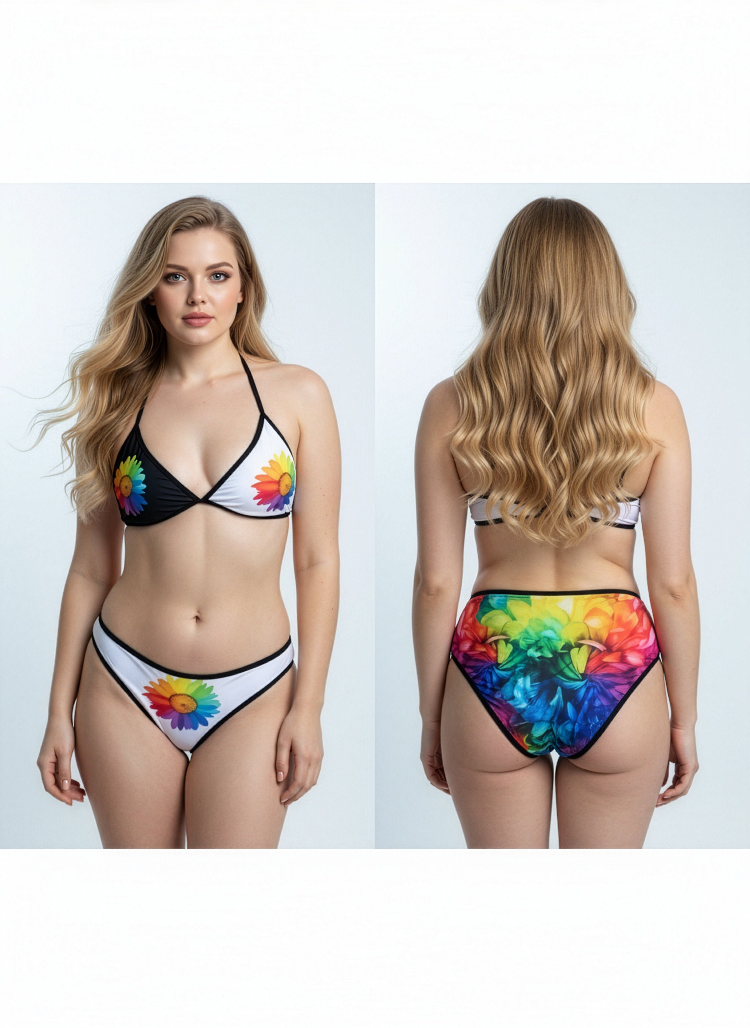 Woman wearing a colorful bikini with rainbow design on a white background