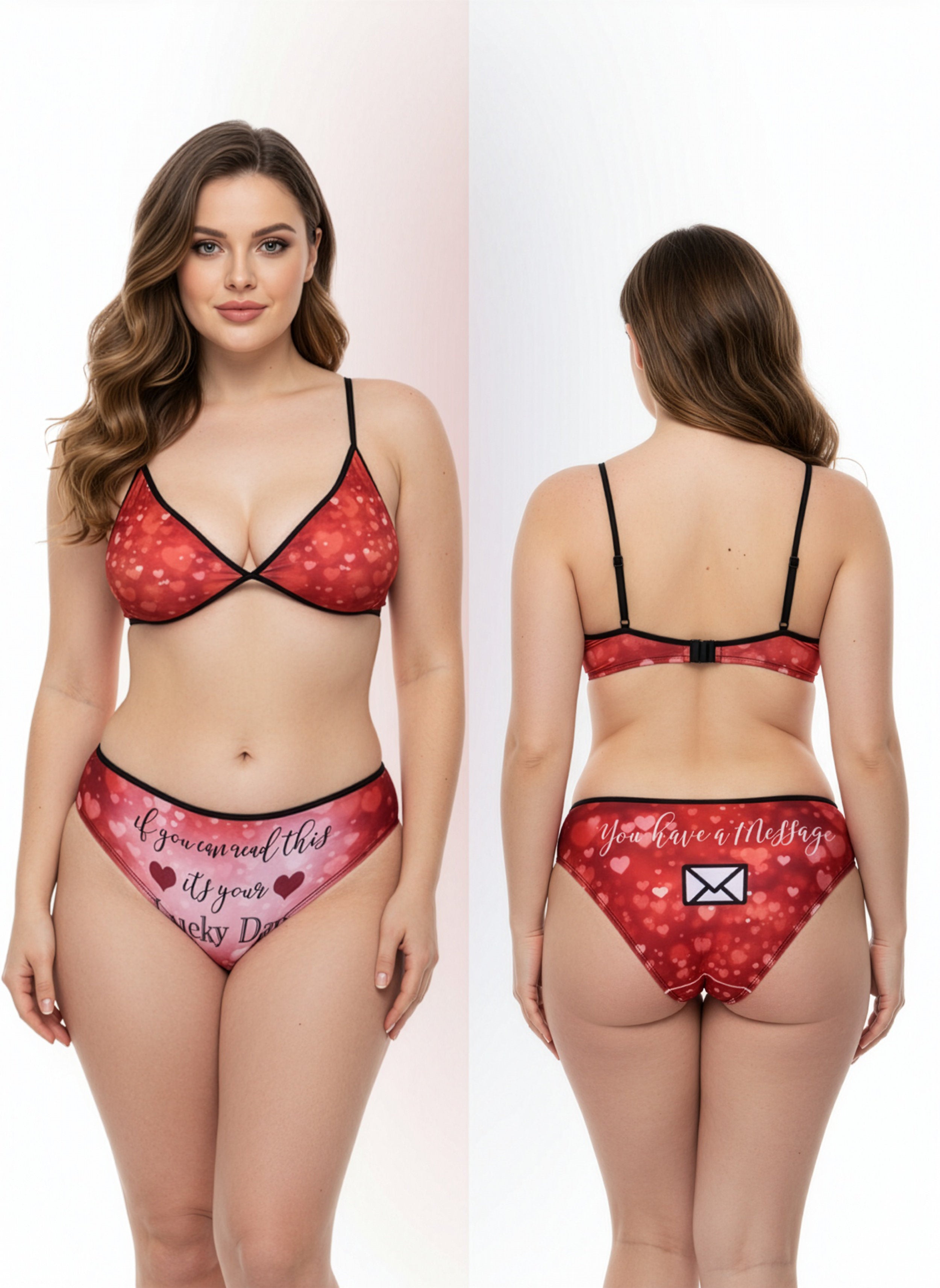 Red lingerie set with text on a white background