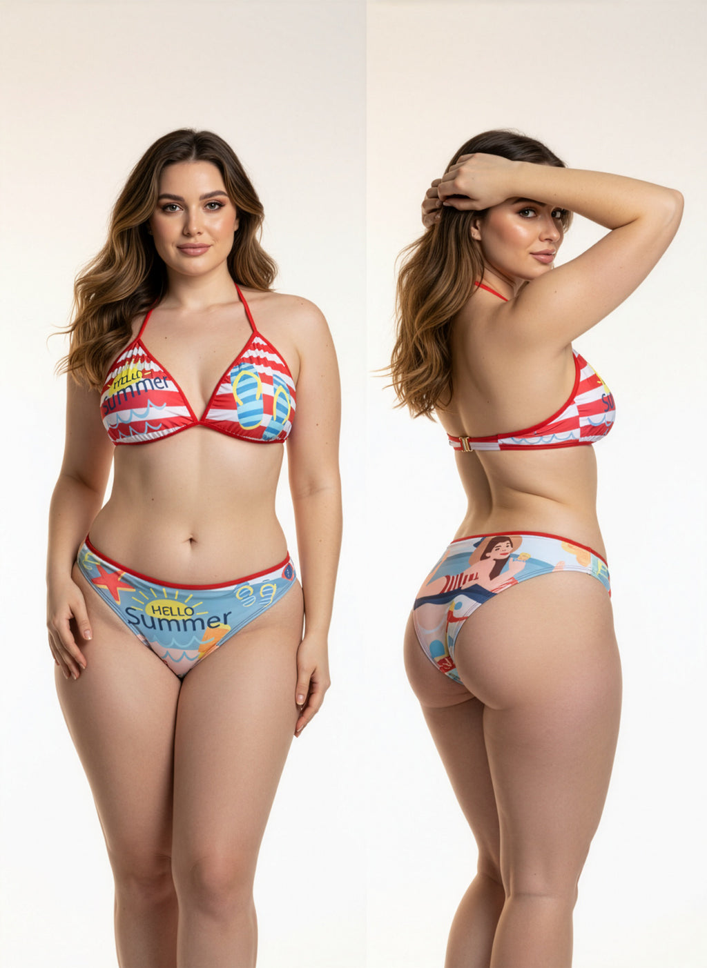 Woman modeling a colorful bikini set on a plain background