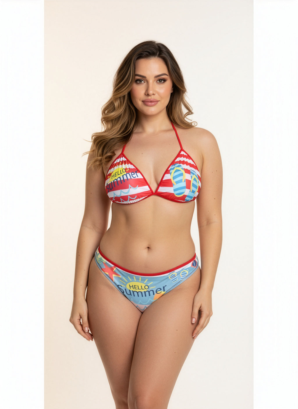 Woman wearing a colorful bikini with 'Hello Summer' text on a beige background