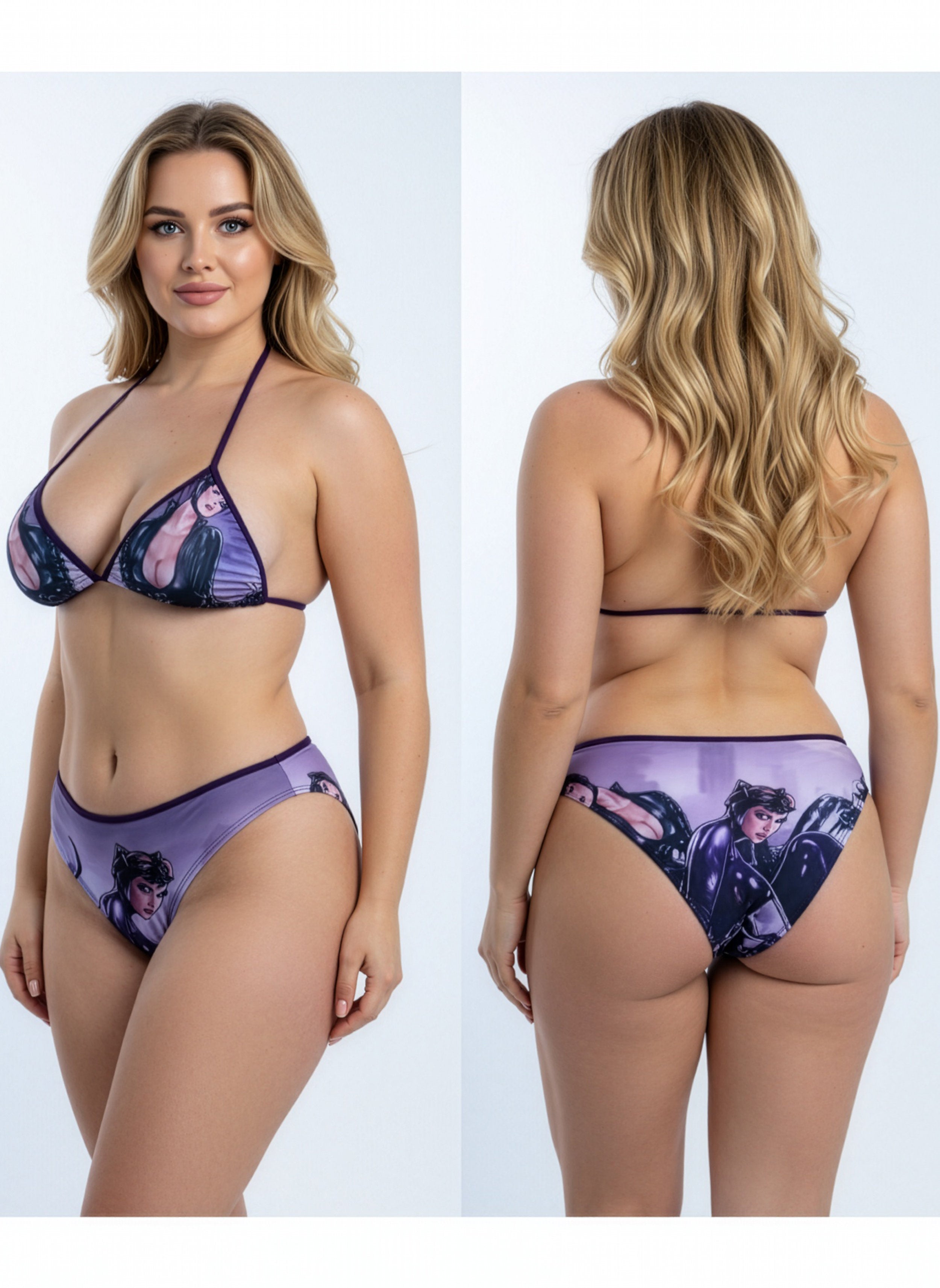 Woman modeling a purple bikini with a graphic design on a white background