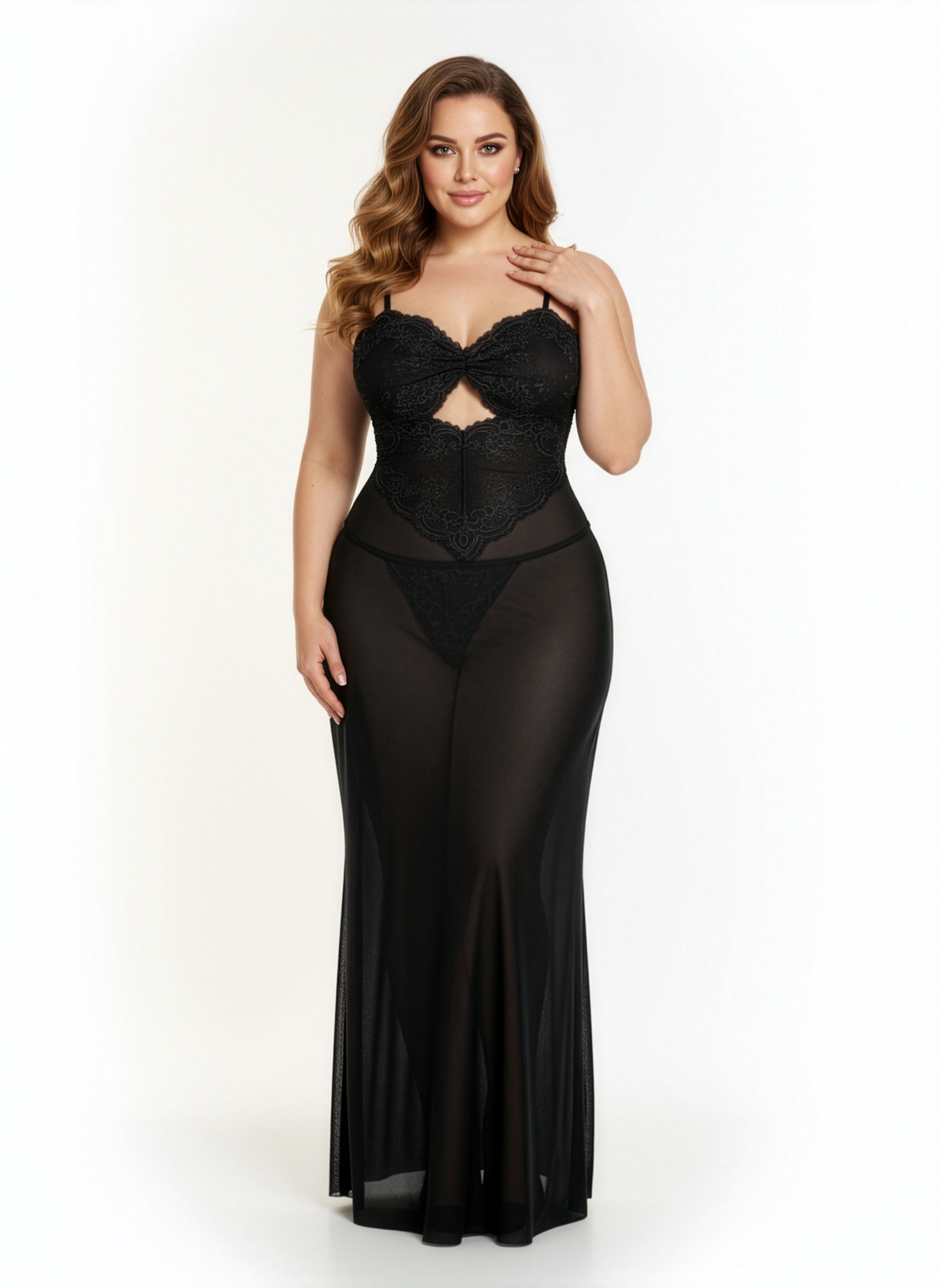 Woman wearing a black evening gown on a white background