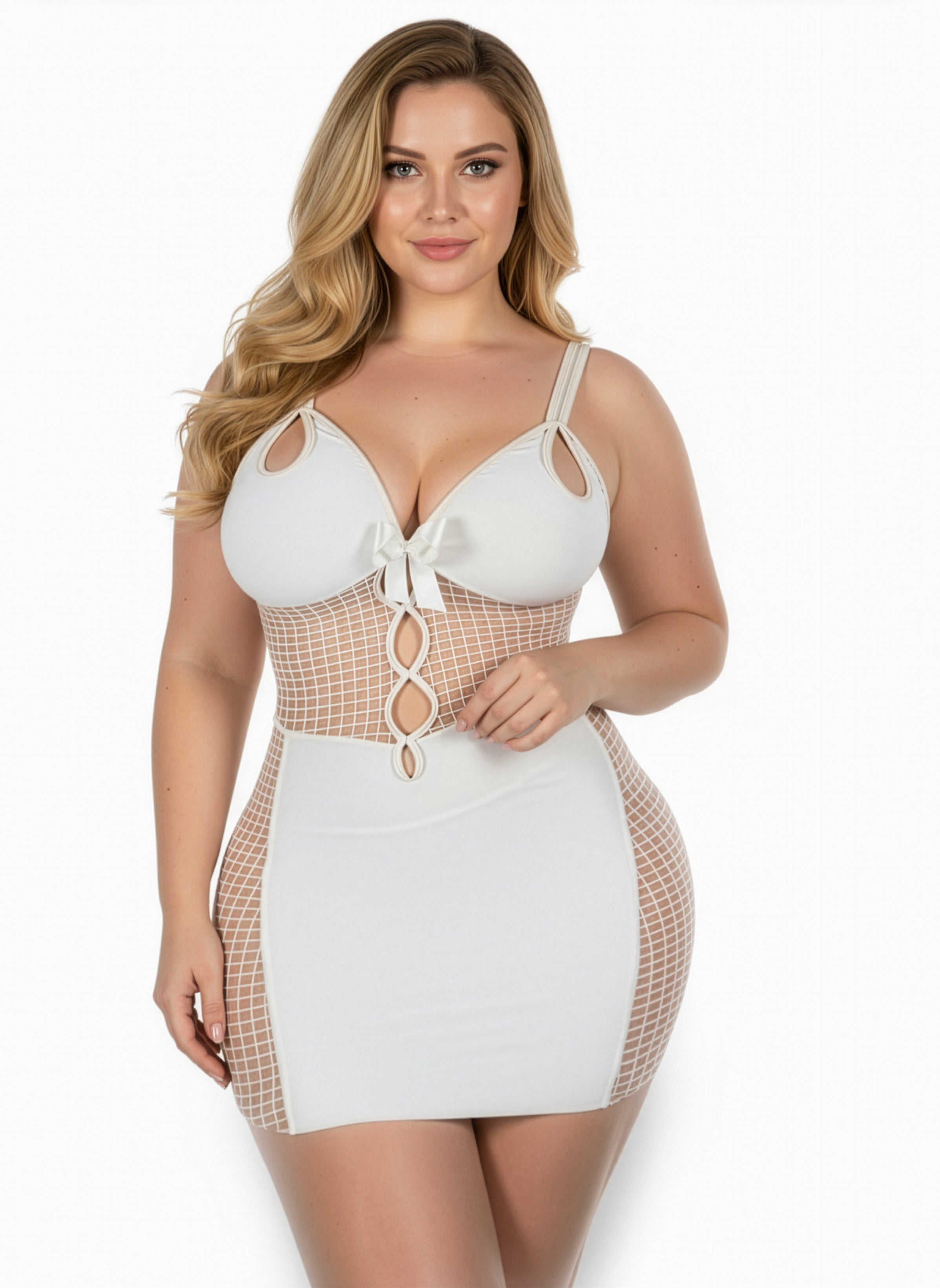 Woman wearing a white dress with grid pattern on a white background