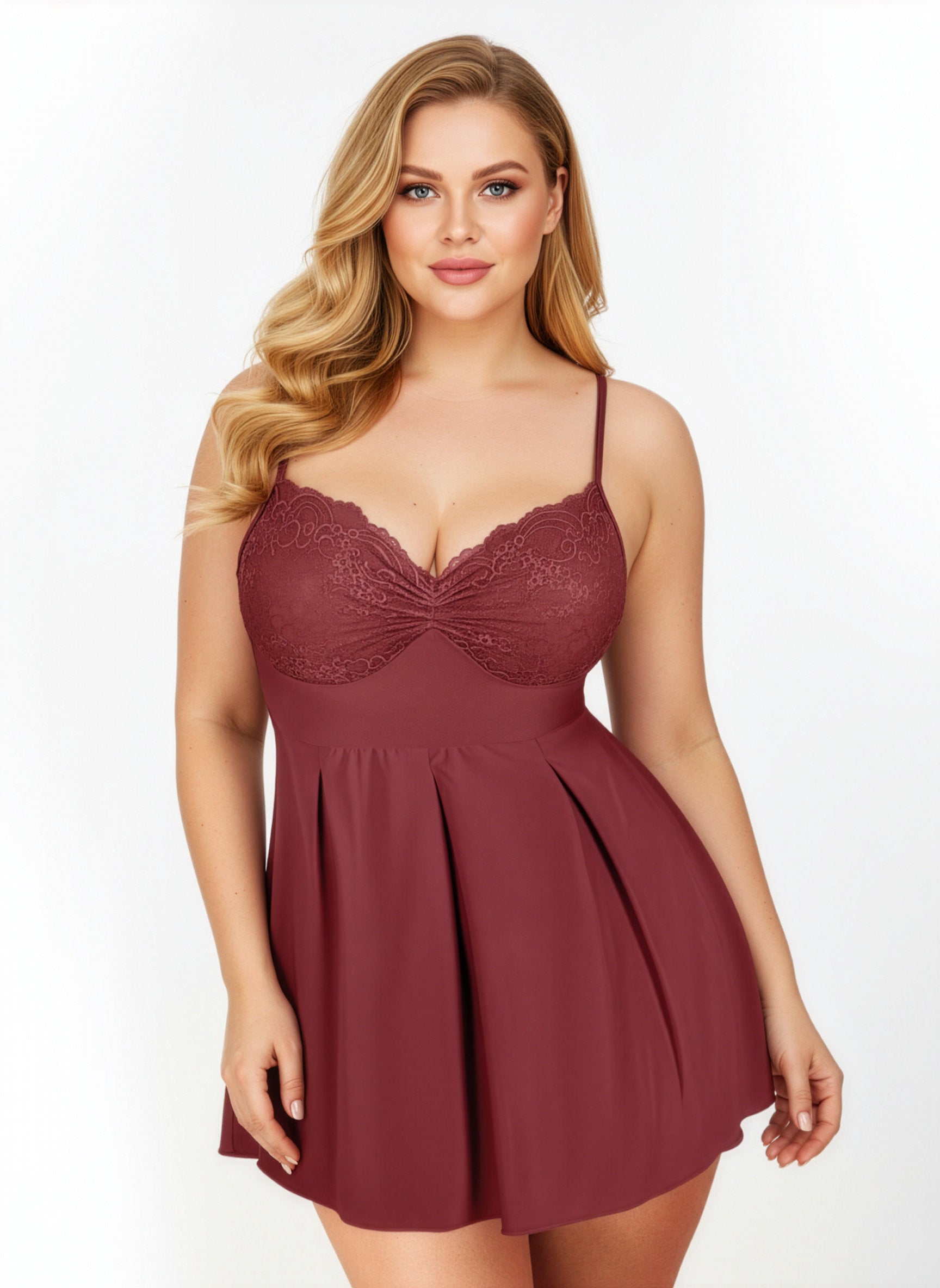 Woman wearing a burgundy lace nightgown against a white background