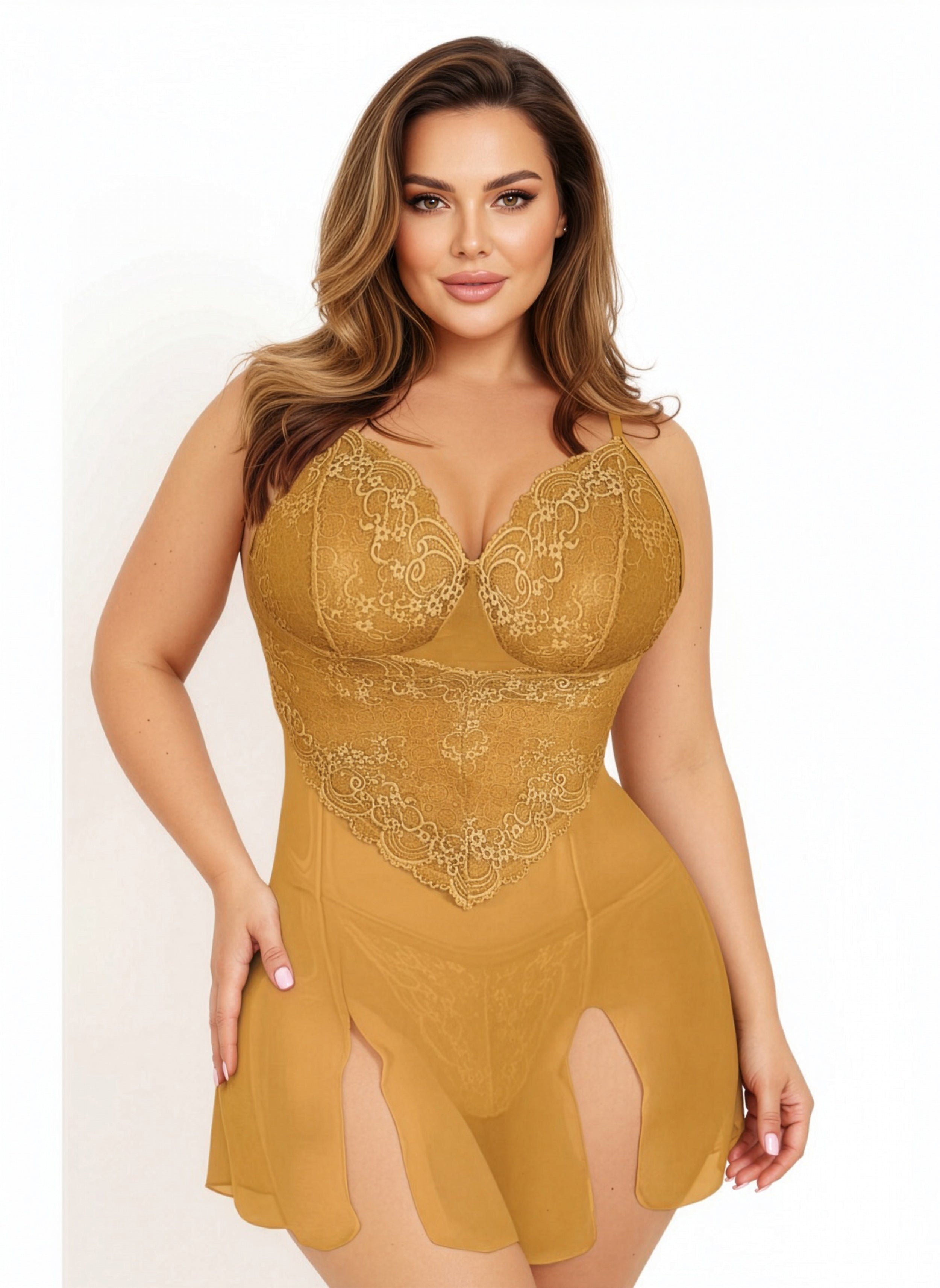 Woman wearing a mustard yellow lace lingerie set on a white background