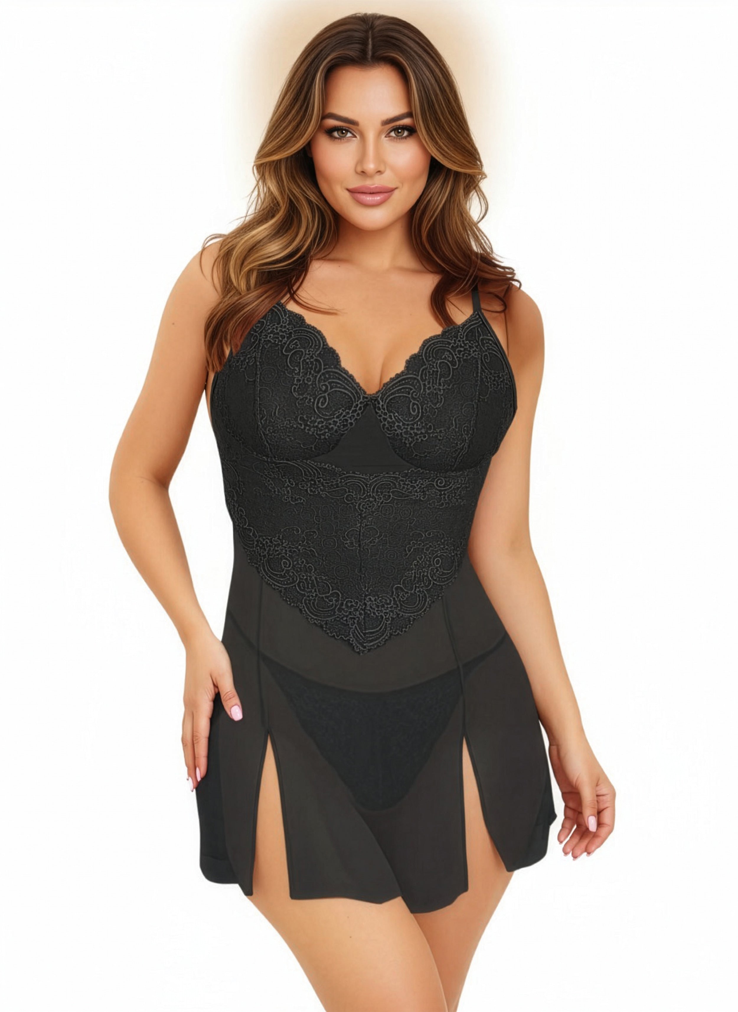 Woman wearing a black lace nightgown on a white background