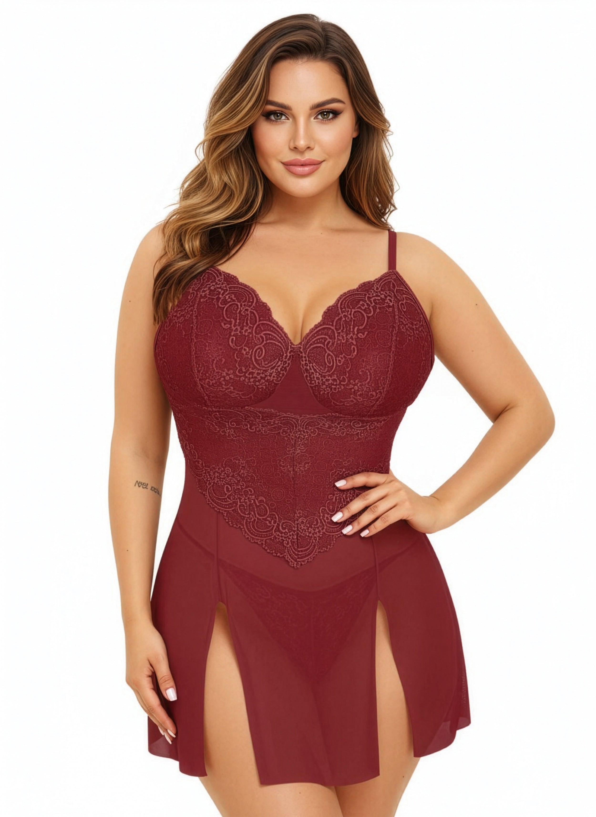 Woman wearing a burgundy lace lingerie set on a white background