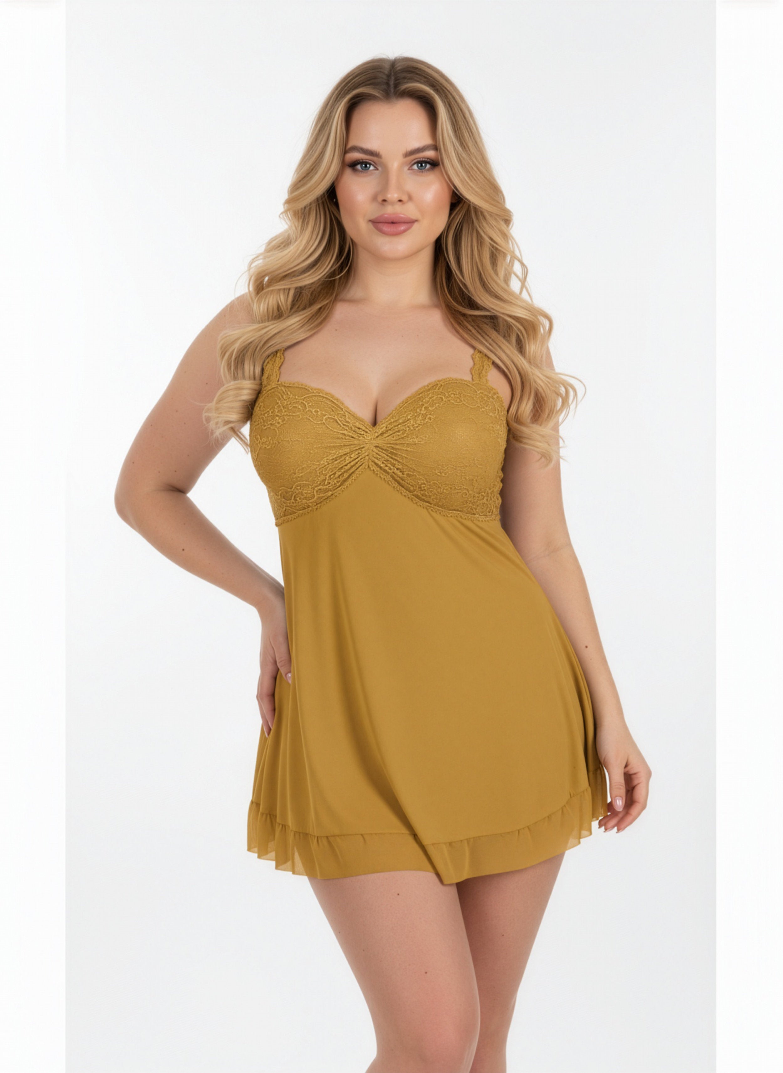 Woman wearing a mustard yellow nightgown on a white background