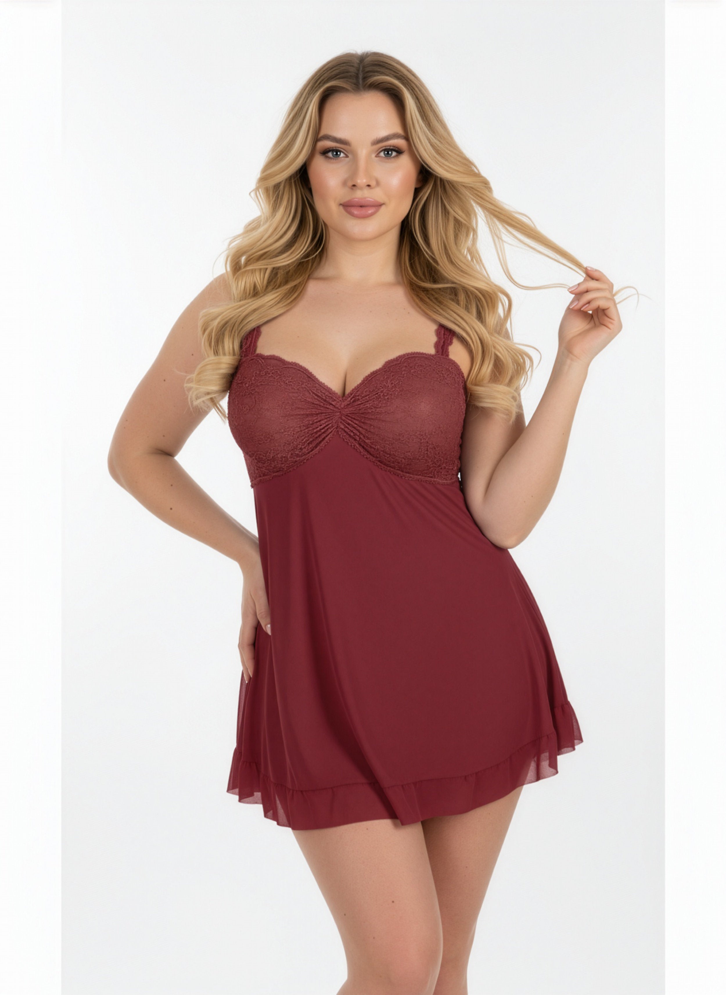 Woman wearing a burgundy nightgown on a white background