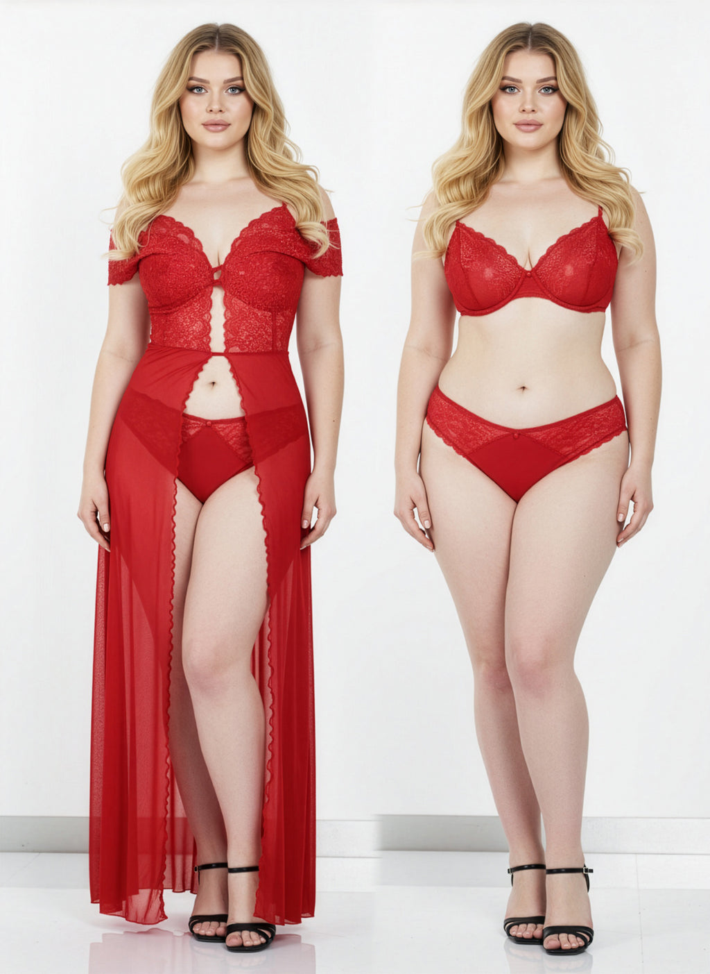Two women modeling red lingerie and a long red dress on a white background