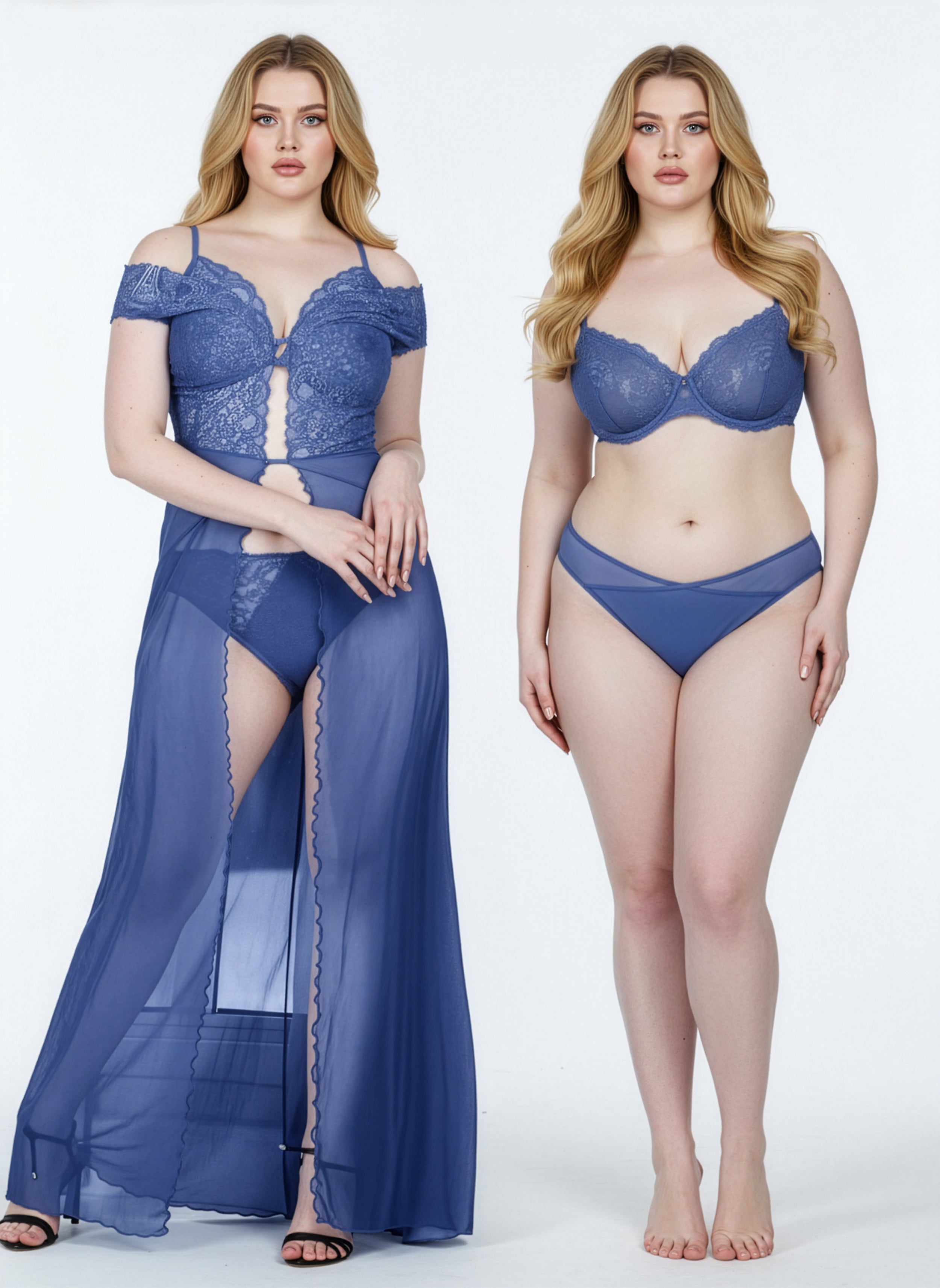 Woman modeling a blue lace nightgown and matching lingerie set on a white background