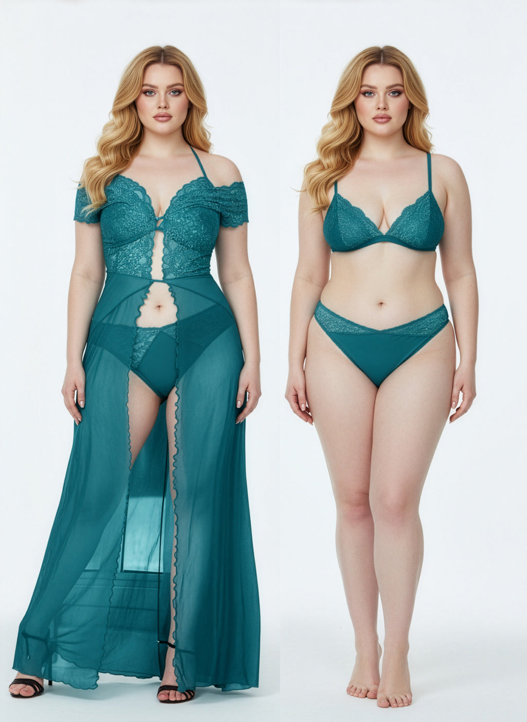 Woman modeling teal lingerie set on a white background