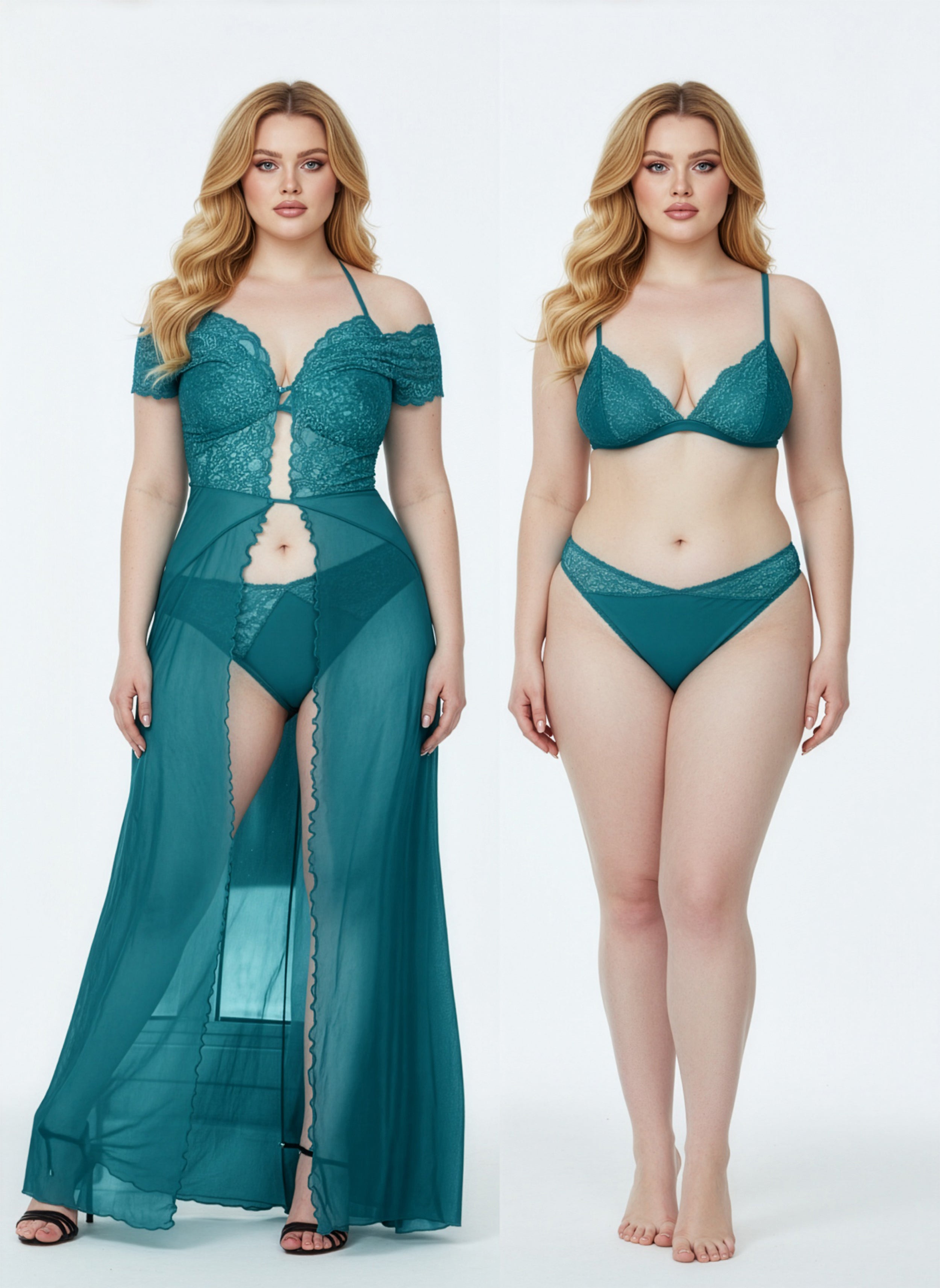 Woman modeling teal lingerie set on a white background