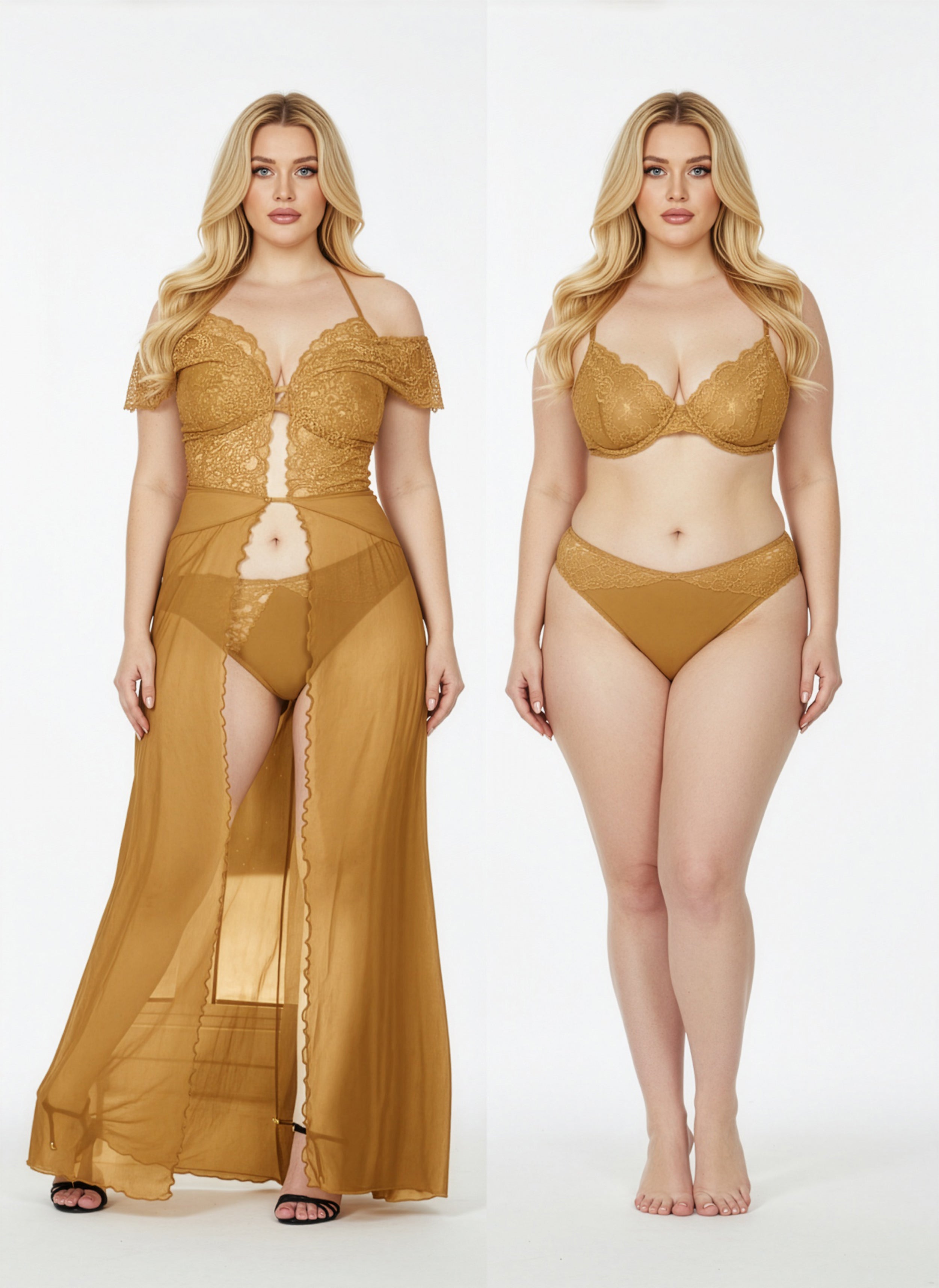 Woman modeling gold lingerie set on a white background