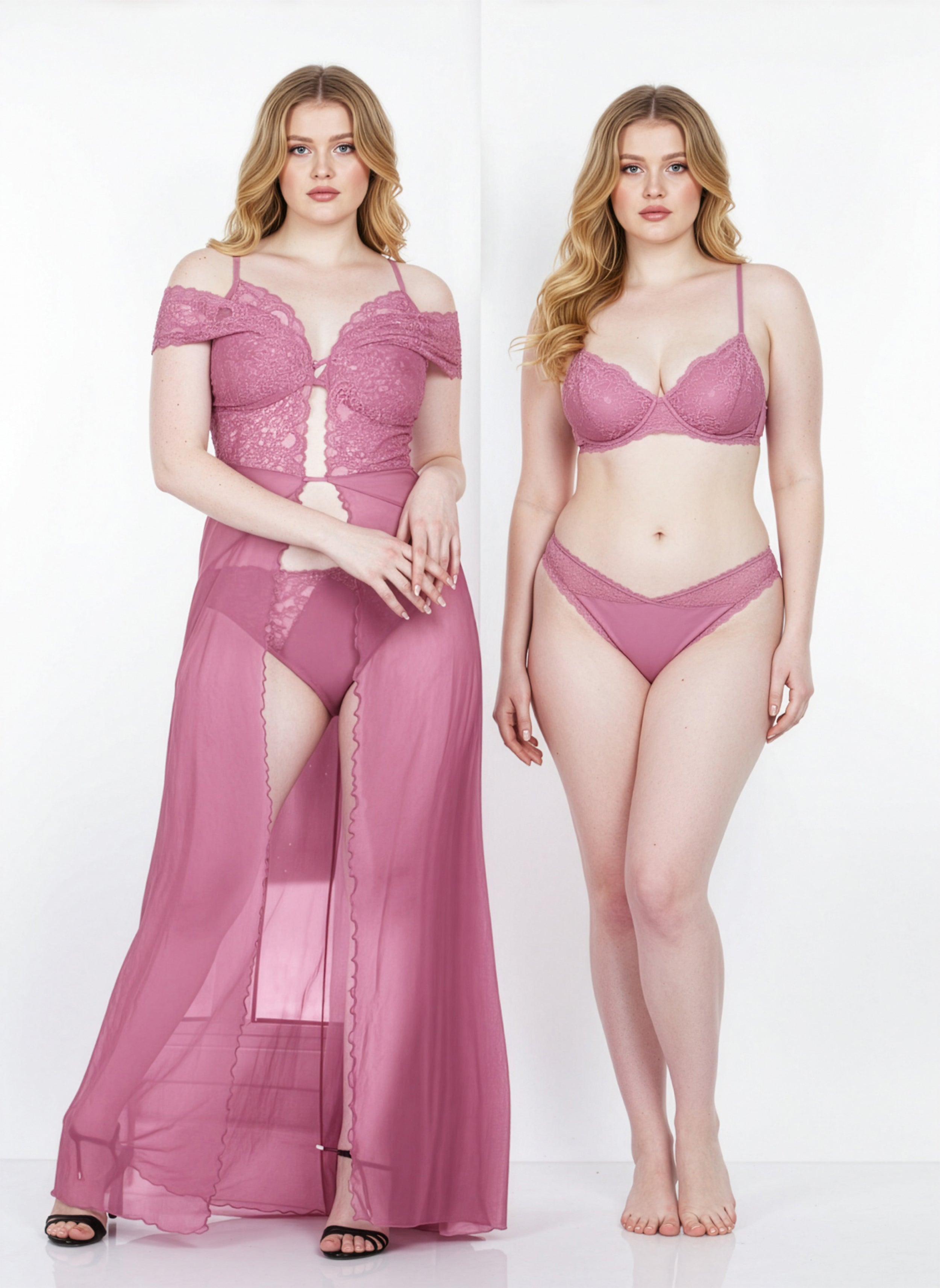 Woman wearing a pink lingerie set on a white background