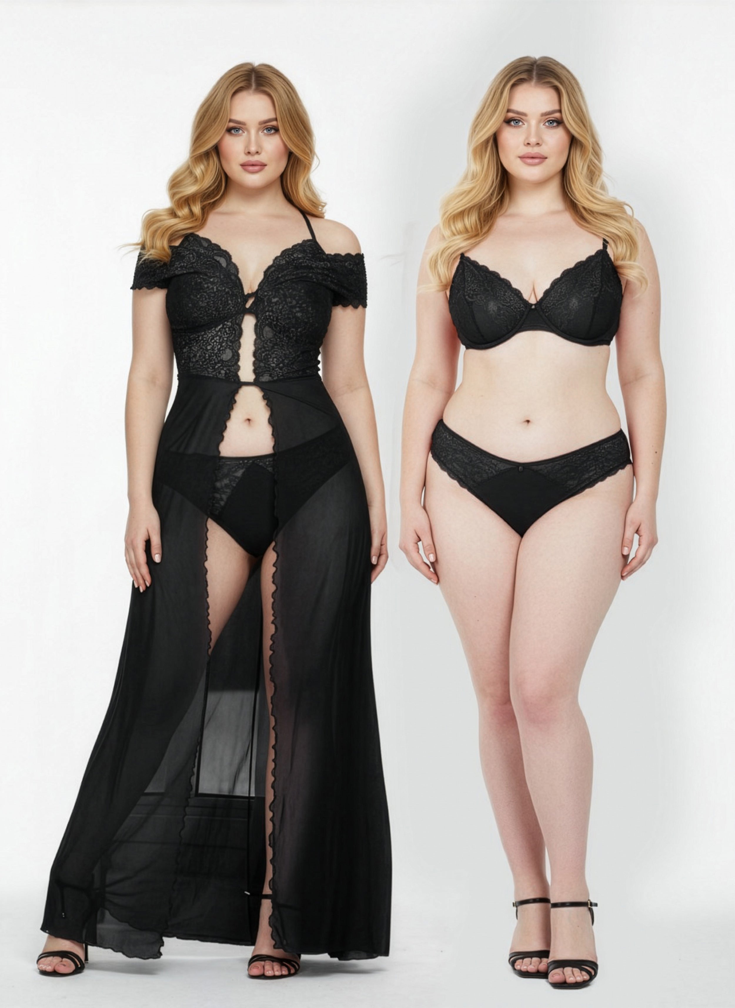 Two women modeling black lingerie and a sheer dress on a white background