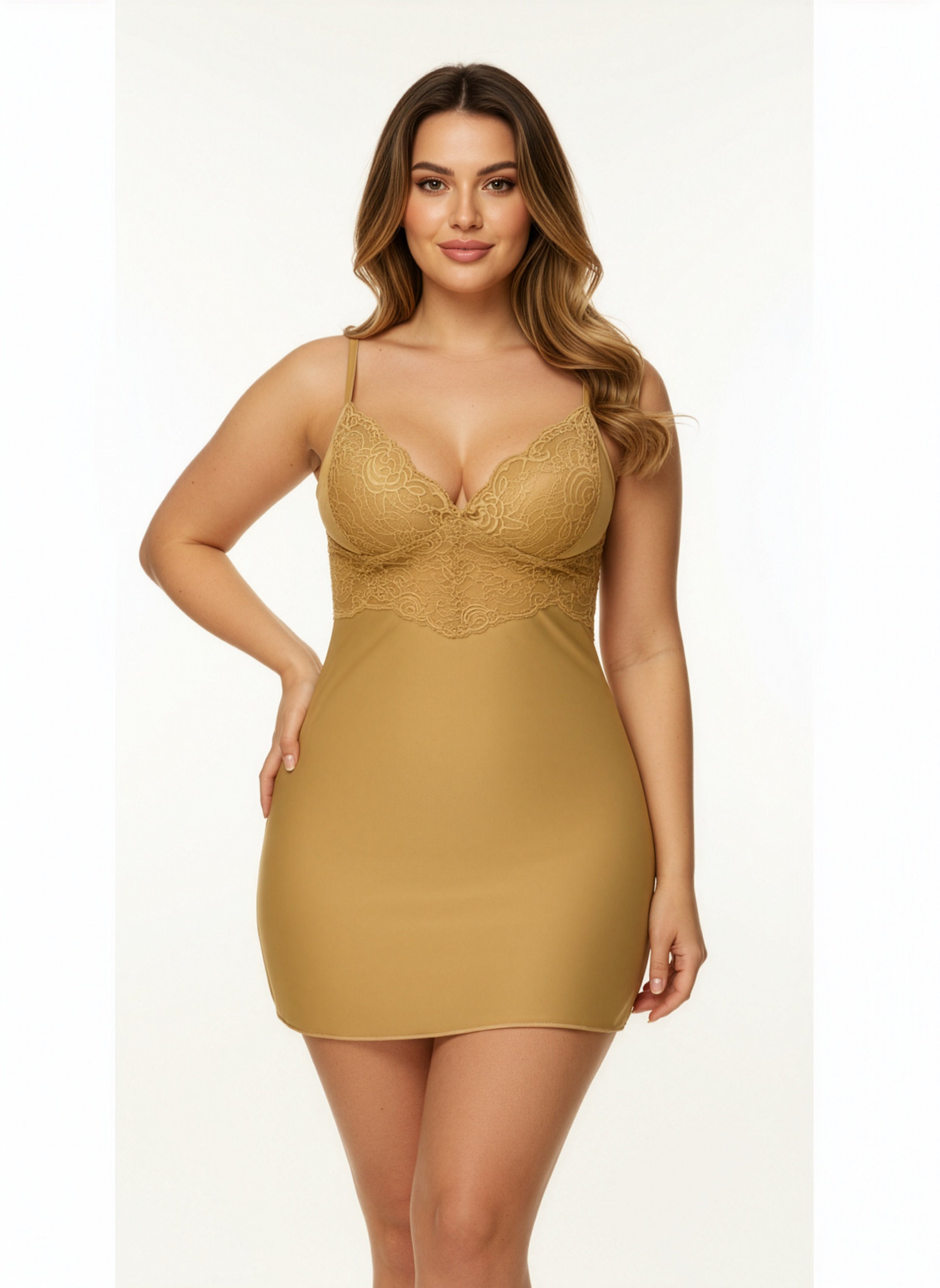 Woman wearing a mustard yellow lace-trimmed dress on a white background