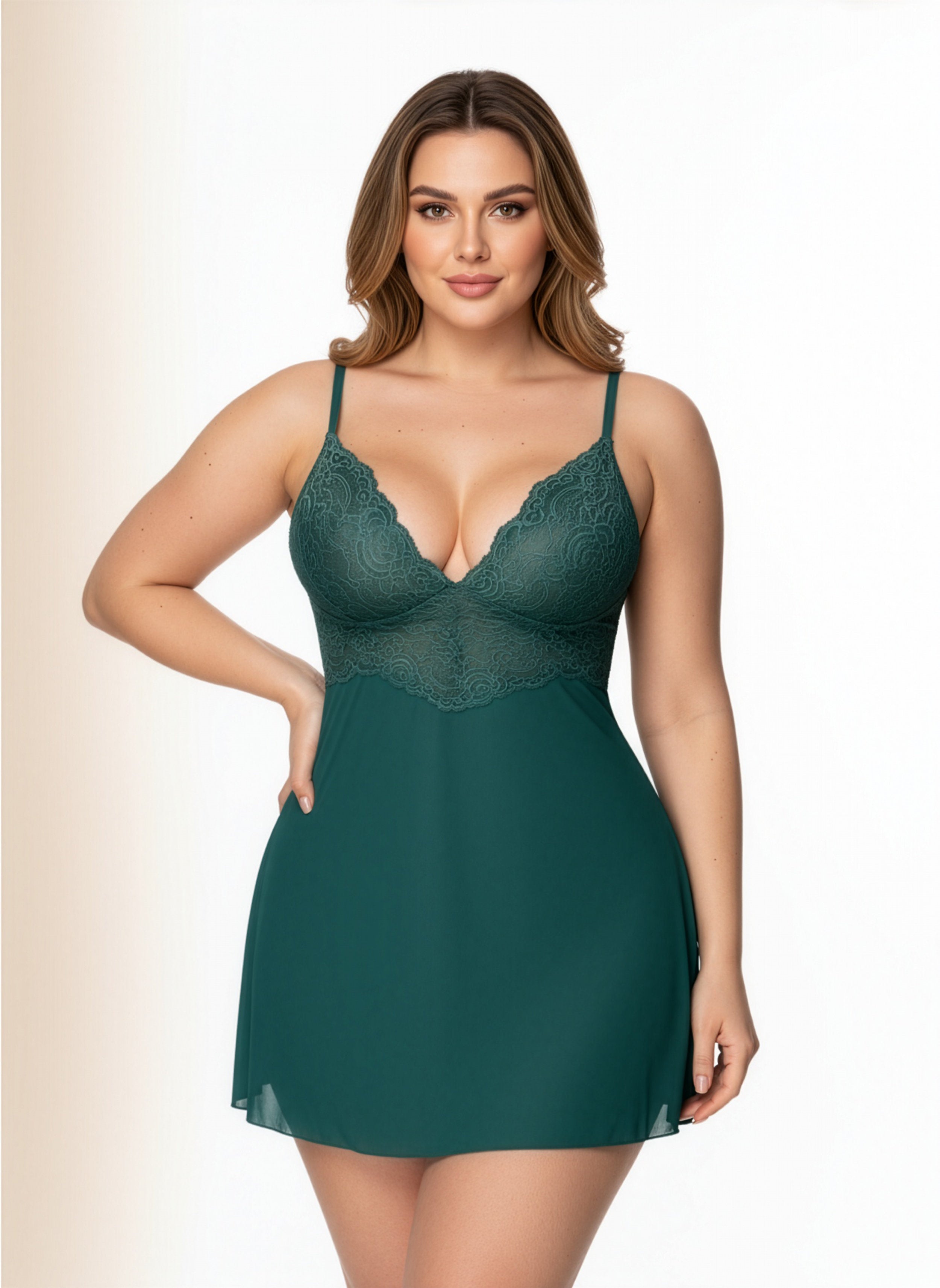 Woman wearing a green lace nightgown on a beige background